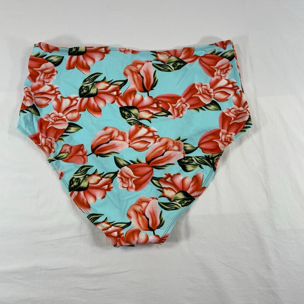 Floral High Waist Bikini Bottom Light Blue Coral Women's Plus Size 2XL - Picture 2 of 4